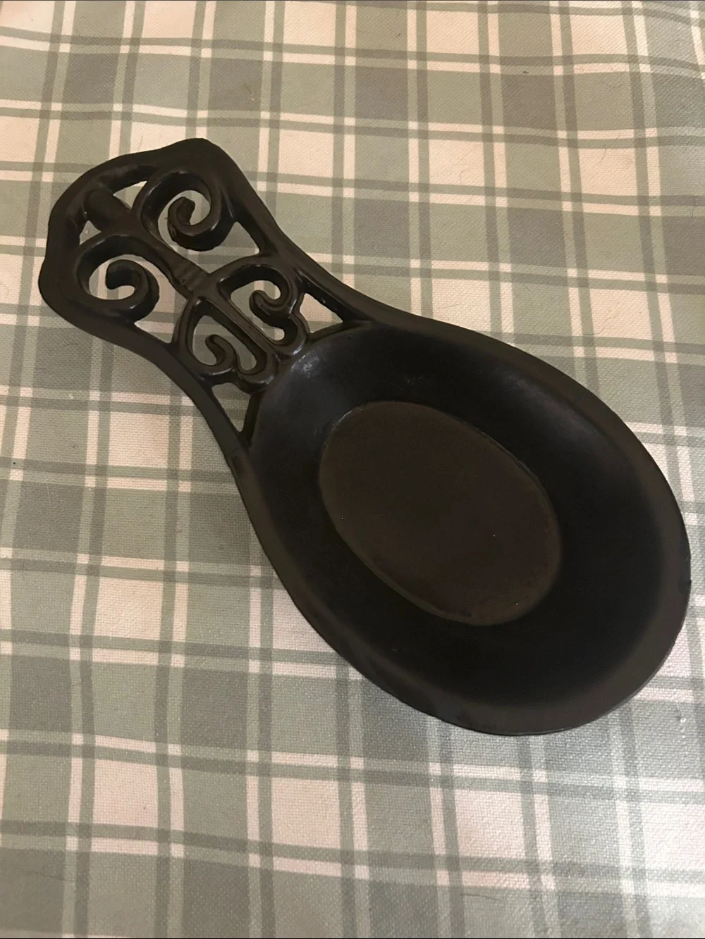 Decorative Black Iron Spoon Rest with Ornate Handle
